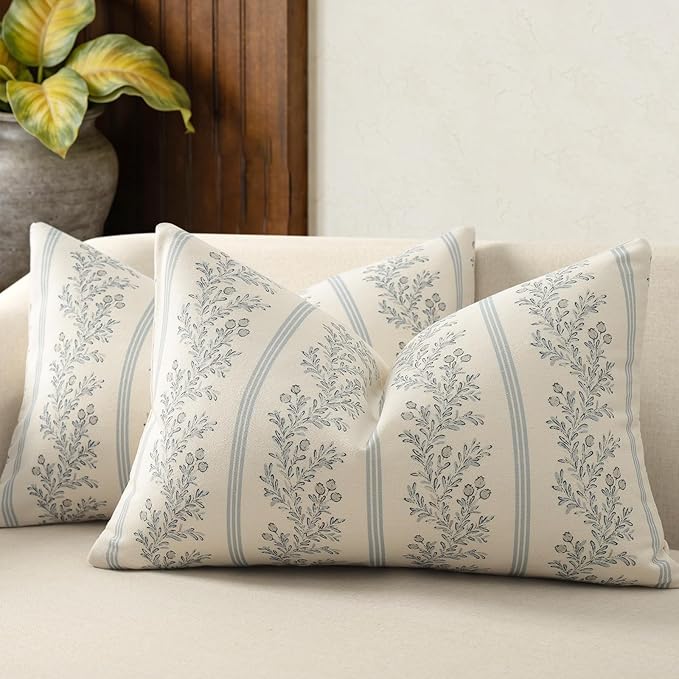 Vintage Throw Pillow Covers 12x20 Set of 2, Striped Floral Pillow Cover Botanical Patterned Decorative Cushion Covers Modern Farmhouse Home Decor for Sofa Couch Bed Living Room, Light Blue