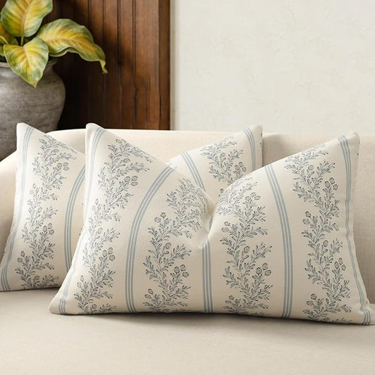Vintage Throw Pillow Covers 12x20 Set of 2, Striped Floral Pillow Cover Botanical Patterned Decorative Cushion Covers Modern Farmhouse Home Decor for Sofa Couch Bed Living Room, Light Blue