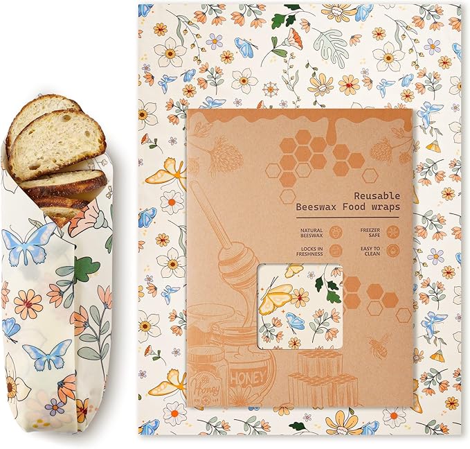 Beeswax Wraps for Food – Reusable Beeswax Bread Bag & Sandwich Wrap, Organic & Eco-Friendly & Sustainable Bees Paper, Perfect Alternative to Aluminum Foil Sourdough Storage & Plastic Wrap（Flower）