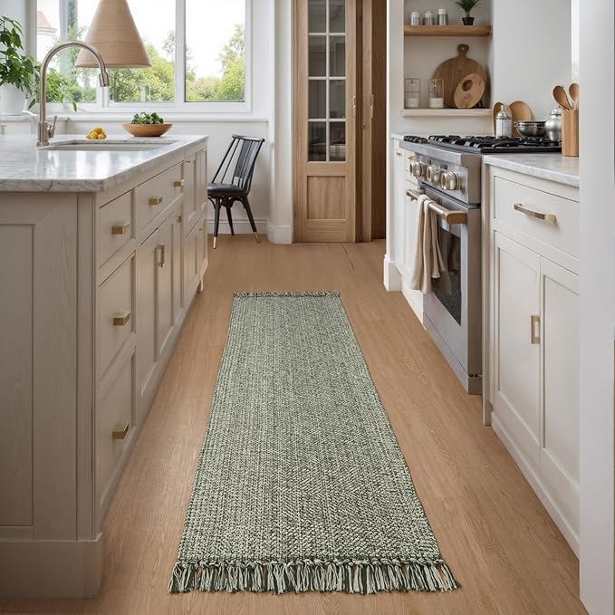 Collive Boho Runners for Hallways 2x7 ft, Washable Kitchen Runner Rug Low-Profile Neutral Indoor Entryway Rug, Olive Green/Cream Braided Cotton Floor Carpet for Laundry Room Bedroom Doorway