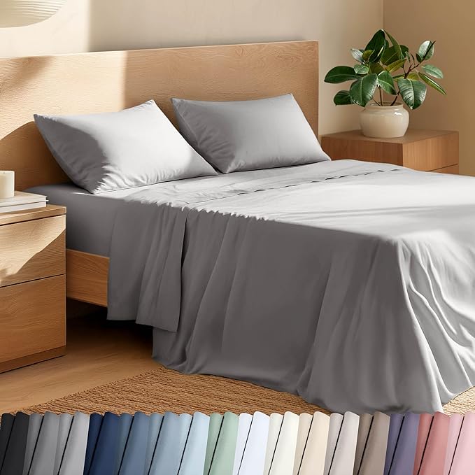 Bare Home 100% Organic Cotton Twin XL Sheet Set - Crisp Percale Weave - Lightweight & Breathable - Bedding Sheets & Pillowcases (Twin XL, Light Grey)