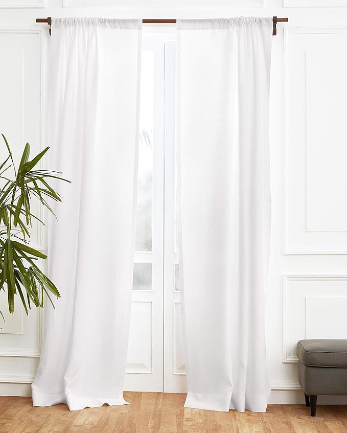 Solino Home White Linen Curtain 45 Inch, Light Filtering Rod Pocket Curtain 52 x 45 Inch, 100% Pure Linen European Flax Window Treatment for Living Room, Bedroom - 1 Panel