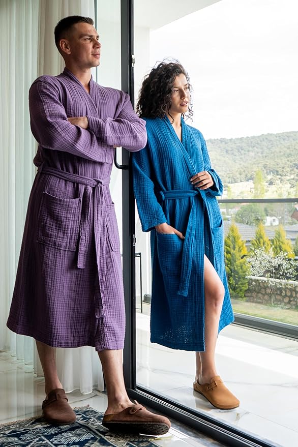 Muslin Unisex Bathrobe Women & Men, 100% Cotton Kimono Lightweight Robe | Long Robes Soft, Absorbent, Spa robes