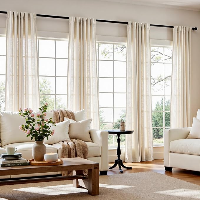 jinchan Ecru Natural Linen Blend Curtains 108 Inches Length for Living Room Divider Sliding Door Farmhouse Rod Pocket Back Tab Light Filtering Drapes Lightweight Curtains for Bedroom 4 Panels