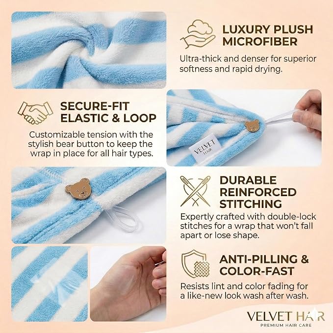 3 Pack Microfiber Hair Towel Wrap for Women, Fast Drying Hair Turban with Button, Anti-Frizz Large Hair Towel for All Hair Styles, Soft & Absorbent Hair Drying Towel