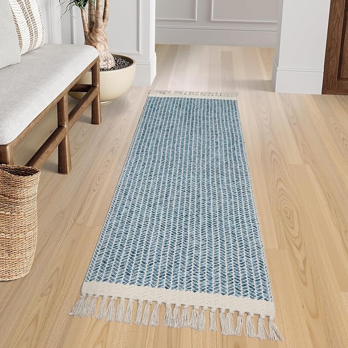 Lahome Belle Boho Kitchen Runner Rugs, 2x6 Laundry Room Rug Lightweight Bathroom Runner Woven Cotton Throw Mat with Tassels, Farmhouse Washable Blue Rug Low Pile Runners for Hallways Entry