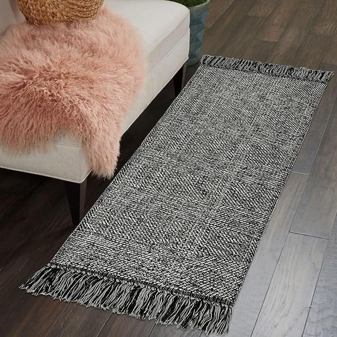 Collive Kitchen Runner Rug, 2' x 4.3' Cotton Hand-Woven Reversible Washable Rug, Black Bathroom Rugs Modern Farmhouse Hallway Carpet for Foyer Bedroom Entry Back Door Decor