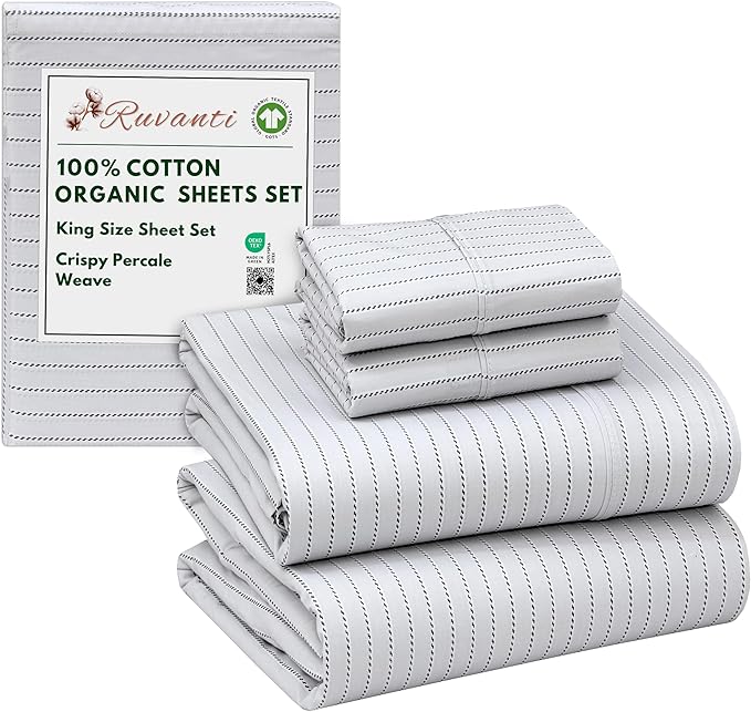 RUVANTI 100% Cotton Organic Percale Sheets King Size – Crisp Cooling Bed Sheets for Hot Sleepers, Deep Pocket 15”, Soft Peach Finish, Breathable & Durable Hotel-Style 4 Pcs, Construction Line