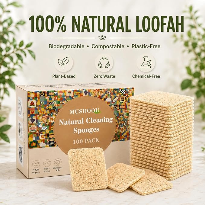 Natural Loofah Dish Sponge, 100 Count Plant-Based Kitchen Cleaning Pads, Biodegradable Compostable Scouring Pads for Dishes, Pots, Pans and Sink, 2.75 x 2.75 Inch