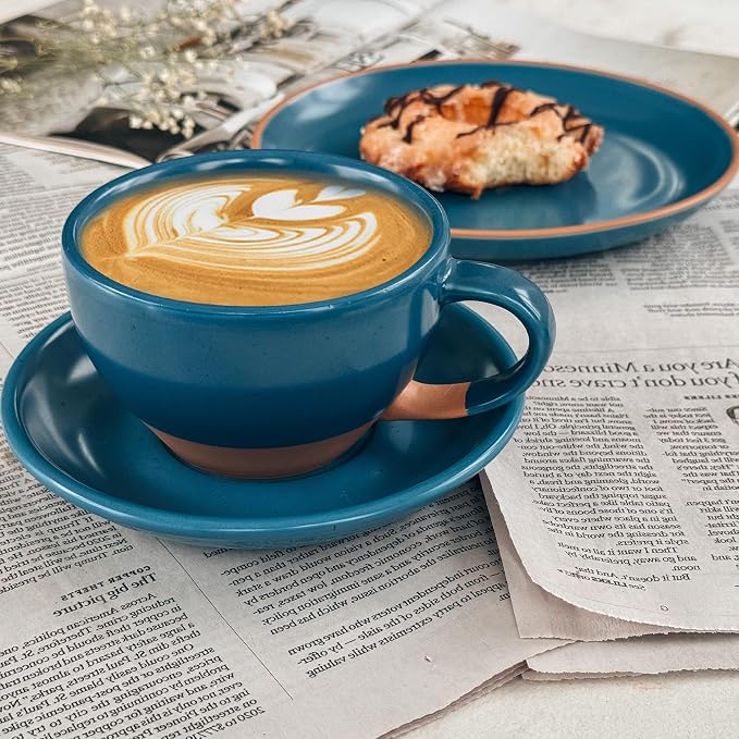 MORA Ceramic Latte Art Mug With Saucer - 10.5 oz, Round Bottom For Perfect Pours - Cafe Cups for Cappuccino, Espresso, Coffee, Tea etc - Porcelain Set for Baristas, Great Gift - Azure Blue
