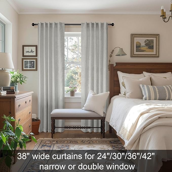 Gray Curtains 38 Inch Wide for Bedroom 2 Panel Set Back Tab Rod Pocket Semi Privacy Cotton Textured Light Filtering Linen Sheer Light Grey Curtain for Living Room Door Modern Farmhouse Decor 38W x 84L