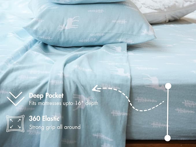 RUVANTI Flannel Sheets Full Size - GOTS Certified 100% Organic Cotton, 4 Piece Warm, Soft & Breathable Set, Deep Pocket Snug Fit, Double Brushed Cozy All Season Bedding, Blue Pine