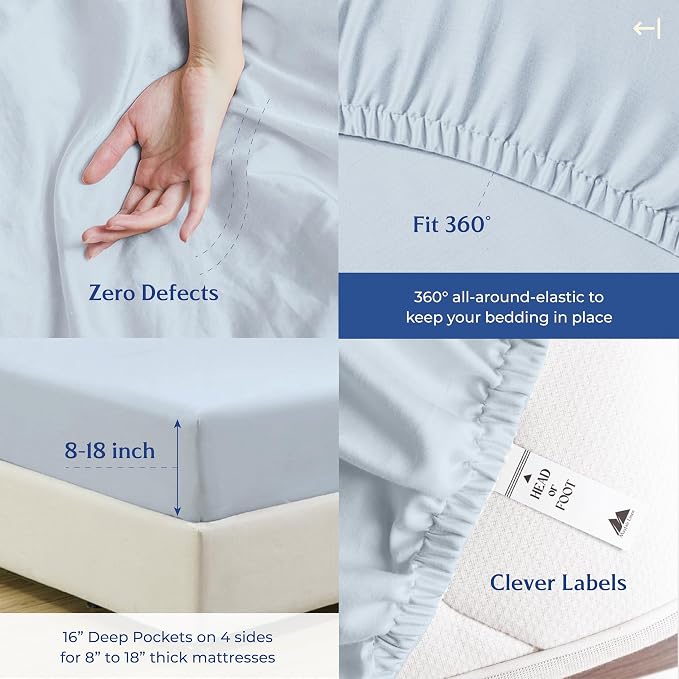 Mayfair Linen 100% Organic Cotton Percale Weave Fitted Sheet Twin XL Size, Light Blue, 1 Deep Pocket Twin XL Fitted Sheet, Fits Mattress Upto 16" Crisp and Cool Bed Linen, Luxury GOTS Certified Sheets