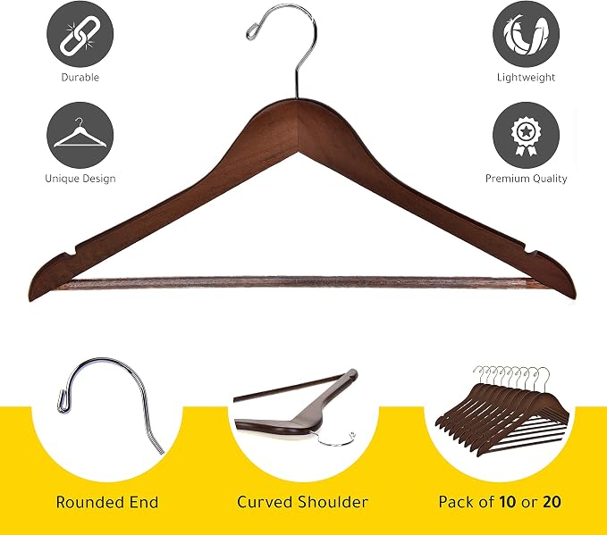 Quality Wooden Hangers - Slightly Curved Hanger 10 Pack Sets - Solid Wood Coat Hangers with Stylish Chrome Hooks - Heavy-Duty Clothes, Jacket, Shirt, Pants, Suit Hangers (Walnut/Retro, 10)