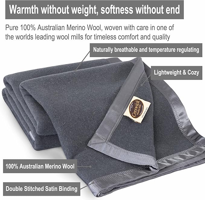 Creswick Woollen Mills 100% Australian Merino Wool Blanket – Soft Warm and Natural with Satin Binding, Breathable Luxury Bedding for All Seasons, (Charcoal, Throw)