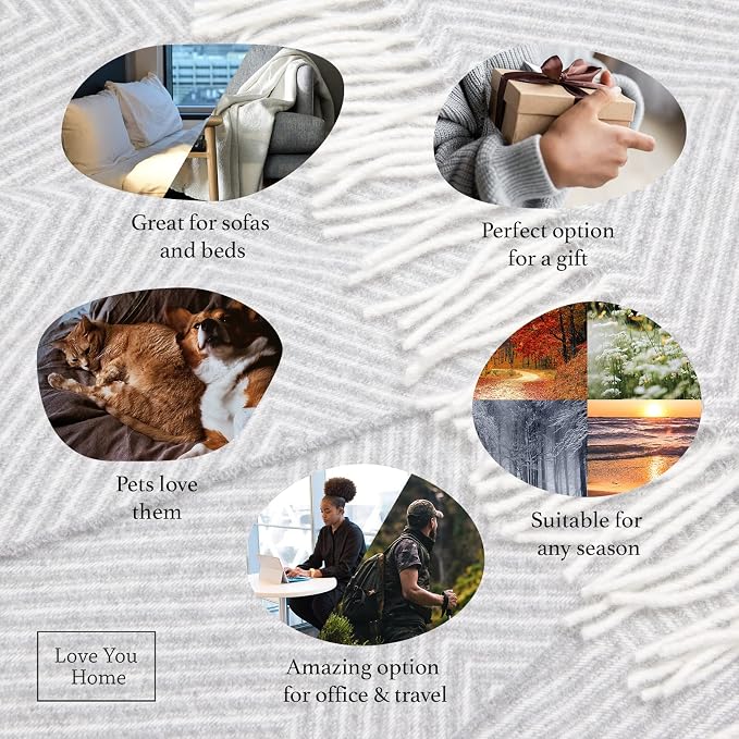 LYHome Merino Wool Blanket - Warm Throw for Cold Weather, Warmest Travel Outdoor Camping Blankets, Picnic Army and Military Throws, Comforter Soft & Cozy (55" x 79" Grey with White Rhombus)