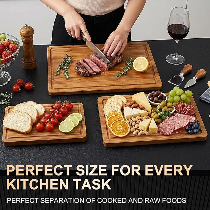 3 Pack Bamboo Cutting Board Set with Non Slip Solid Wood Cutting Boards Non Toxic Chopping Board for Kitchen Small Cutting Board Non Plastic Charcuterie Boards Meat Healthy Bread Cutting Board Sets