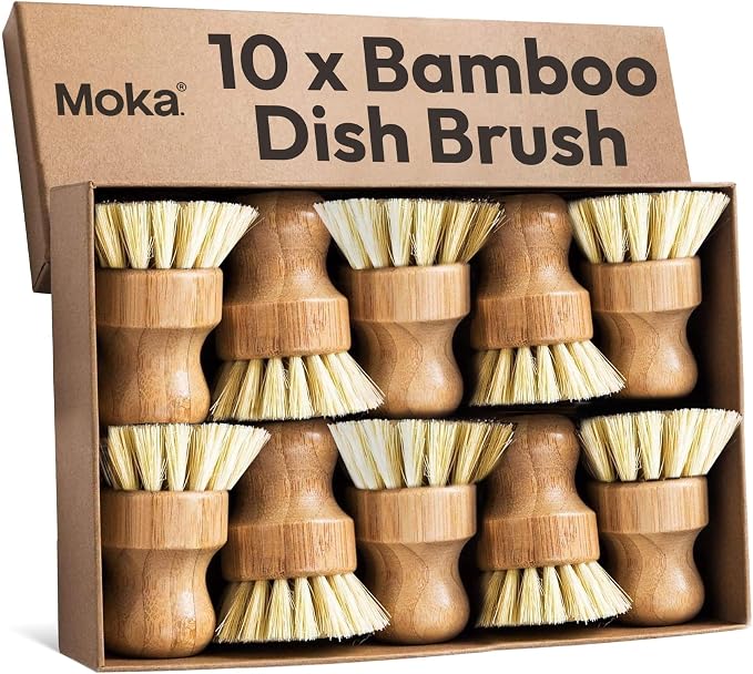 Moka Bamboo Dish Brush - Eco Friendly Scrub Brush with Natural Bristle - Premium Bamboo Dish Scrubber for Kitchen Cleaning, Dishes, Pots, and Pans - Sustainable and Durable (10 Pack)
