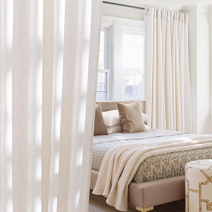 NICETOWN Cream Linen Doorway Curtains 80 inches Long, Rod Pocket & Back Tab Thick Flax Blend Semi Sheer Privacy with Light Filtering Window Treatments for Bedroom, W55 x L80, 2 Panels