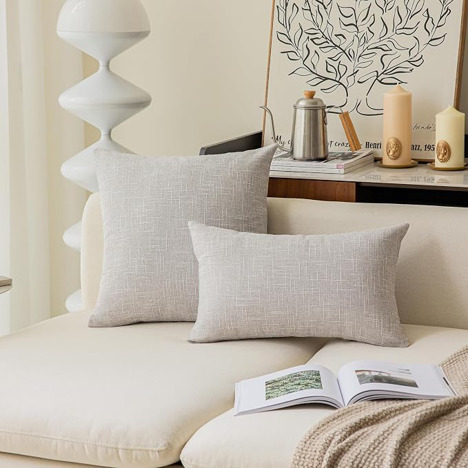 Kevin Textile Faux Linen Home Decorative Hand Made Cushion Cover Pillowcase for Nap, Hidden Zipper, 18"x18" (2 Pieces, Grey White)