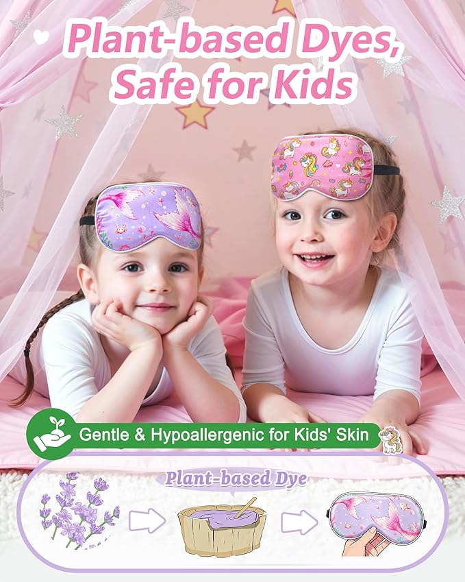 BeeVines Kids 100% Real Mulberry Silk Sleep Mask 2 Pack, Original Design Pure Silk Sleeping Eye Masks for Girls, Skin-friendly Blackout Eye Cover, Adjustable Strap, Reduce Puffy Eyes, for Travel Gifts