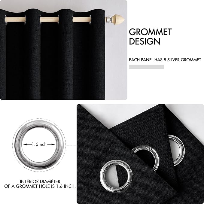 MIULEE Linen Texture Curtains for Bedroom Solid 100% Blackout Thermal Insulated Halloween Black Curtains Grommet Room Darkening Drapes for Living Room Nursery 52x63 Inch (2 Panels)