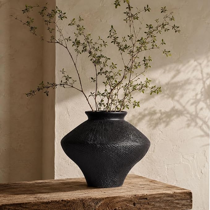 Wabi Sabi Vintage Black Vase, 6.3" Tall Wabi Sabi Decor Rustic Farmhouse Pottery Vase for Centerpiece, Textured Pottery Flower Vases for Home Decorative, Table, Living Room, Bedroom, Bathroom, Kitchen