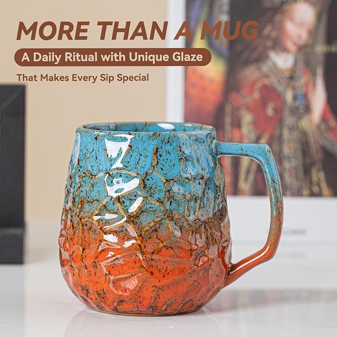 18oz Unique Blue & Orange Kiln-Change Ceramic Coffee Mug, Handcrafted Hammered Texture Ceramic Mug with Ergonomic Handle, Microwave & Dishwasher Safe, Gift for Coffee Lovers, Home Office Daily Use