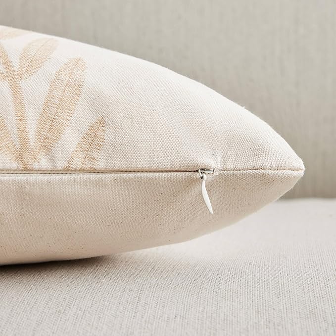 100% Cotton Farmhouse Leaves Throw Pillow Covers Set of 2, 20x20 Inch Mixed Beige Pastoral Decorative Print Cushion Covers for Sofa Bed Living Room Home Decor