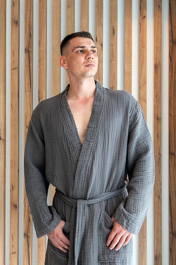 Muslin Unisex Bathrobe Women & Men, 100% Cotton Kimono Lightweight Robe | Long Robes Soft, Absorbent, Spa robes