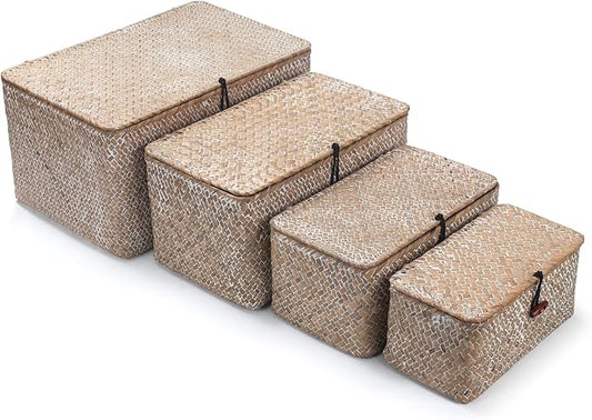 Wicker Basket with Lid, Seagrass Storage Basket, Woven Decorative Storage Baskets for Shelf Organizing, Whitewash