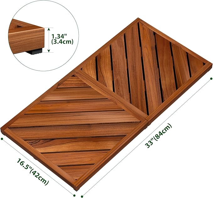 Teak Wood Bath Mat for Bathroom - (33" x 16.5") Anti Slip Square Shower Mat Wooden Floor Mats for Outside Inside Shower Bathtub Luxury Spa Home or Outdoor