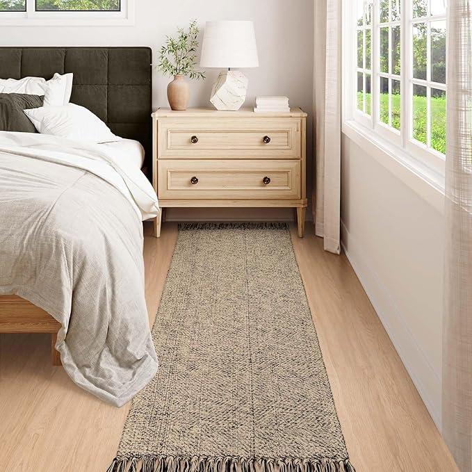 Collive Long Hallway Runners Rug 2.6x7, Farmhouse Washable Kitchen Runner Rug for Bedroom, Natural/Black Braided Woven Entryway Rug Low-Profile Front Door Floor Carpet for Laundry Bathroom Living Room