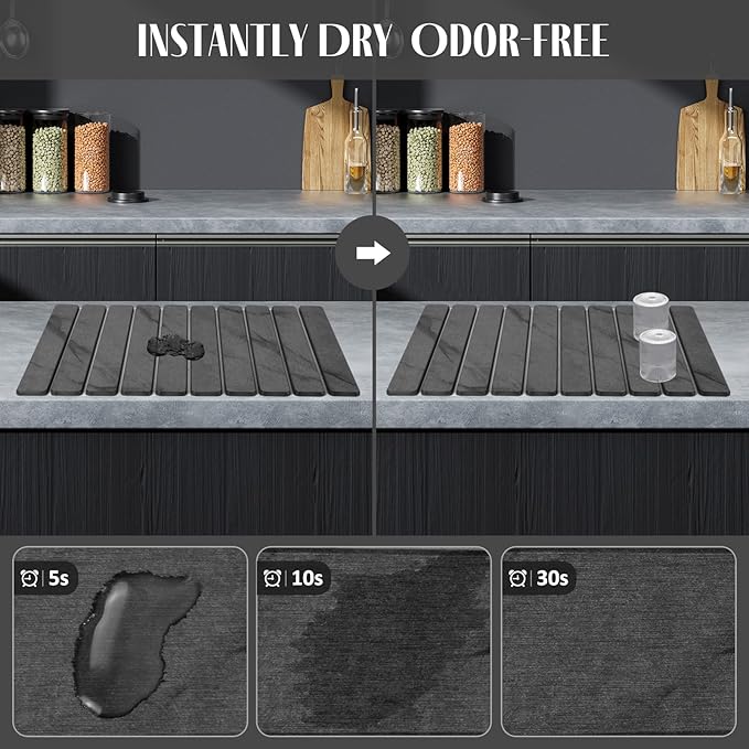 Large Stone Dish Drying Mats for Kitchen Counter, 24"(L)×16"(W) Marble Pattern, Quick Dry Collapsible Dish Drying Mat, Eco-Friendly Absorbent Diatomaceous Earth Mat for Dishes Bottles Cups - Dark Gary