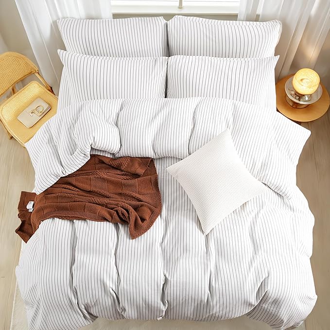NEXHOME PRO Striped Duvet Cover Oversized King,100% Washed Cotton Bedding Set,Textured Linen Feel,Breathable,Organic,3 Piece(Grey Stripes 120x98)