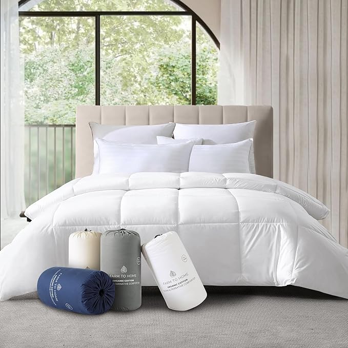 Farm To Home Luxury Comforter Organic Cotton All Season Fluffy Lightweight Down Alternative Machine Washable Comforter for Bedroom, Twin, White