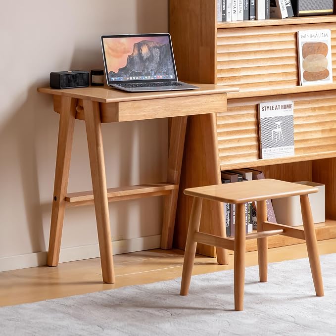 YESWOOD 100% Solid Rubber Wood Desk, Mid Century Modern Writing Computer Desk in Walnut Finish with Drawer for Home Office, Sturdy Room, Bedroom 27.55" W Natural Wood