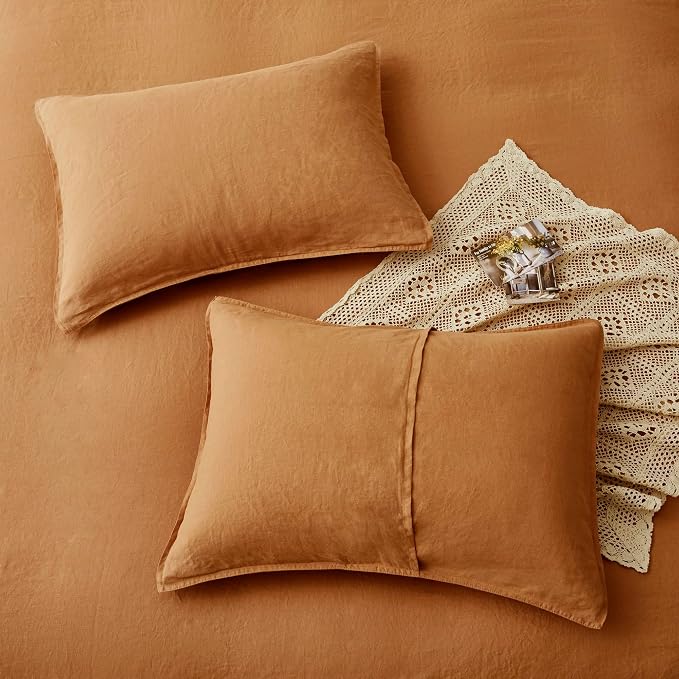 ATLINIA 100% Flax Linen Duvet Cover Set - Stone Washed Pure French Linen Organic Fabric for Farmhouse Comforter Boho Bedding Included 1 Duvet Cover 2 Pillow Shams(Rust, California King)