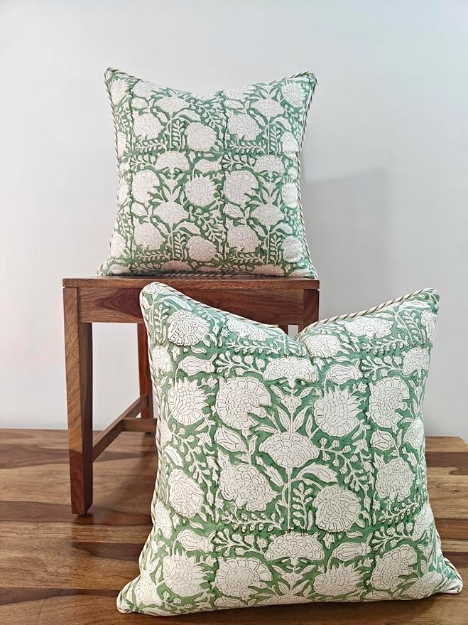 ATOSII Block Print Boho Throw Pillow Covers, 20 X 20, Set of 2, Decorative Couch Pillows for Living Room, 100% Cotton Canvas Acccent Pillows, Christmas Thanksgiving Fall Preppy Throws - Jade