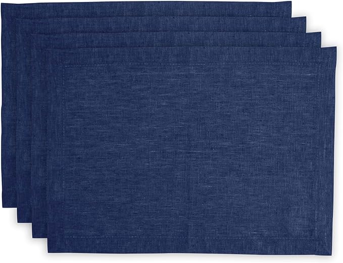 Solino Home Linen Cloth Placemats Set of 4-100% Pure Linen Hemstitch Chambray Navy Placemats 14 x 19 Inch - Milan Hemstitch Table Place Mats for 4th of July
