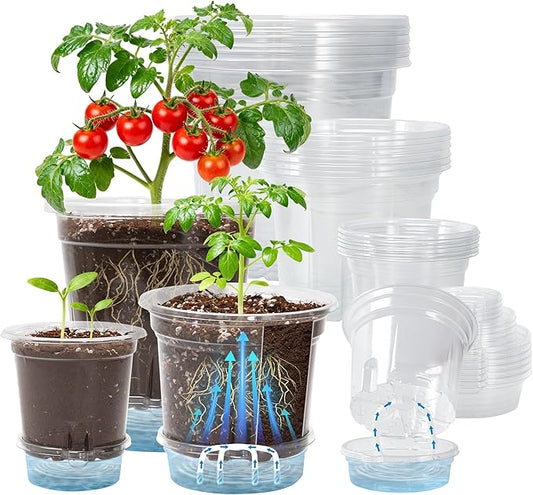 Bluepro 18 Pack 6.5/5/4 Inch Clear Self Watering Plant Pots with Bottom Water Tray & Watering Rope, Transparent Nursery Pots with Drainage for Seedlings, Herbs, and Houseplants