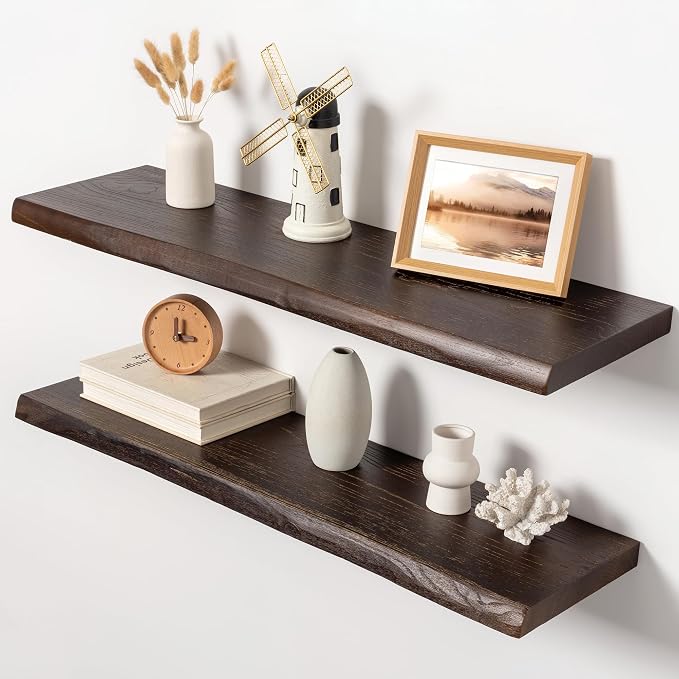 36" Live Edge Floating Shelves, Solid Elm Wood Shelf, Set of 2 | 1.4"Extra Thick, 9.3" Deep Heavy Duty Storage, FSC Certified Rustic Brown Finish for Kitchen & Coffee Bar