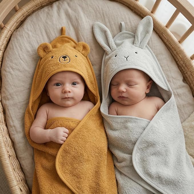 Hooded Baby Towels – 100% Organic Cotton Baby Bath Towels – Baby Boy and Baby Girl Newborn Essentials - Super-Soft and Absorbent. (2-Pack Rabbit Pearl Grey and Bear Yellow)