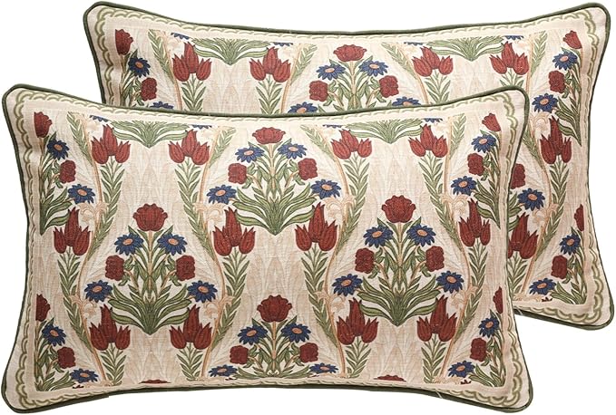 ISAENNE Design Linen Rectangle Throw Pillow Covers 12"x20" Pack of 2, Cottage Farmhouse Cushion Covers with Blue Grey Thorn Vine Pattern Decoration Pillowcases for Bed, Living Room, Outdoor, Car