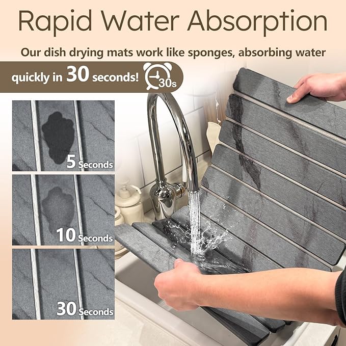 Large Stone Dish Drying Mat for Kitchen Counter, Collapsible Marbled Quick-Dry Diatomaceous Earth Mat with Dish Rack and Towel, Versatile Drying Mats for Kitchen Utensils (Dark Gray 23.6"×15.4")