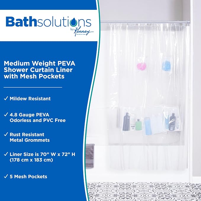 Kenney KN61447 Medium Weight 5 Gauge Waterproof PEVA Shower Curtain Liner with 5 Mesh Storage Pockets and Rust-Resistant Metal Grommets for Bathroom, 70" W x 72" H, Clear