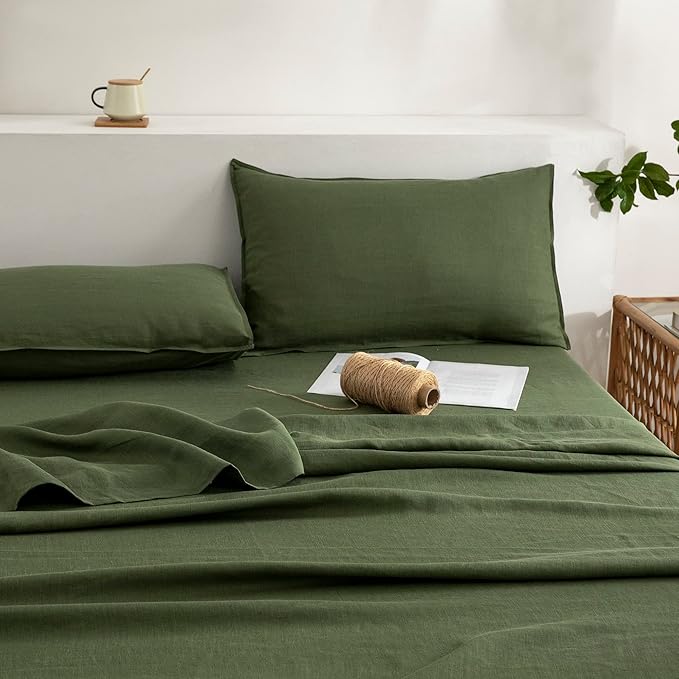 EVERLY Linen Sheets Set King Size,100% French Stonewash Pure Linen Bed Sheets,4Pieces (1Flat Sheet,1Fitted Sheet,2Pillowcase) Suitable for Hot Sleepers,Deep Pocket Natural Bedding Set-Mossy Green