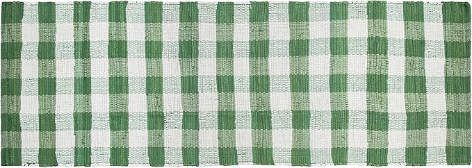 GLAMBURG Cotton Reversible Area Runner Rug 2' x 6' for Bedroom Living Room Kitchen Hallways Front Porch Laundry Room, Handwoven Farmhouse Floor Mat, Washable Checkered Plaid Runner Rug Green White