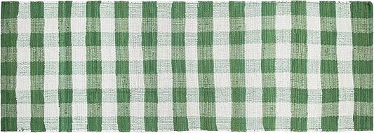 GLAMBURG Cotton Reversible Area Runner Rug 2' x 6' for Bedroom Living Room Kitchen Hallways Front Porch Laundry Room, Handwoven Farmhouse Floor Mat, Washable Checkered Plaid Runner Rug Green White