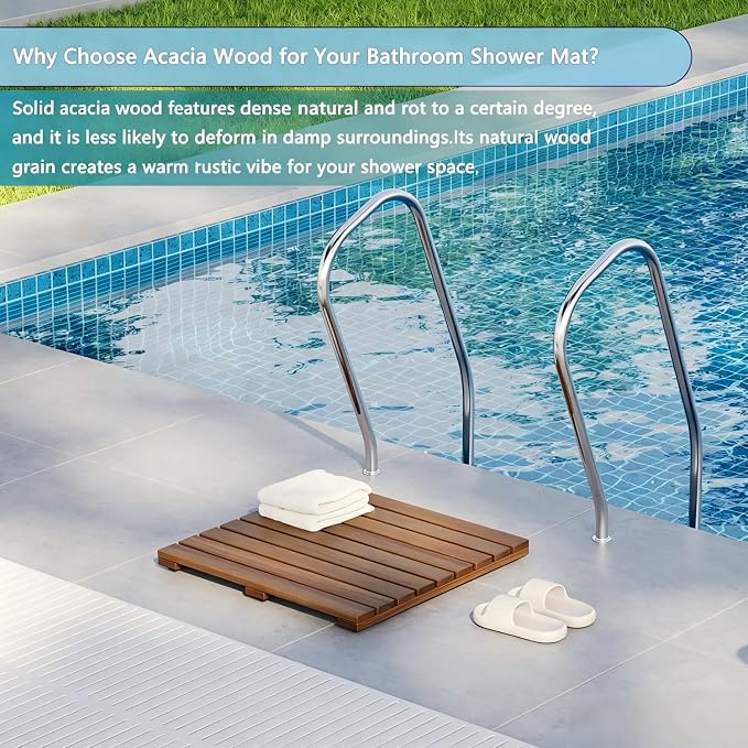 19.7"x19.7"Solid Acacia Wood Shower Mat, Non Slip Wooden Bath Mat, Indoor Outdoor Entryway Door Mat Multi-Purpose Plant Stand for Shower Bathtub Pool Spa Garden (Medium)